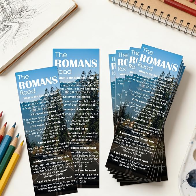 The Romans Road to Salvation Bookmarks - Cosmisun 100 Pcs Bible Religious Bookmark Gifts Scripture Page Markers Clips Book Mark Christian Prayer Gospel Tracks for Evangelism Church Office Supplies