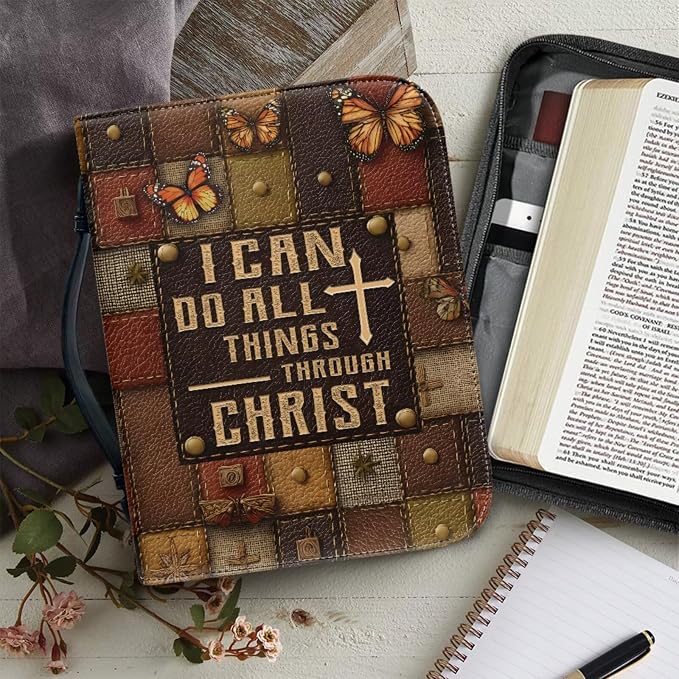 Vintage Cross and Butterfly Bible Case with Bookmark Waterproof Bible Cover Case for Women Lightweight Bible Bag with Handle Pockets Church Book Bag Brown