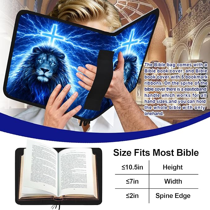Lion Cross Large Bible Cover Case for Boys with Handle Zipper Pocket, Book Carrying Case with Pens Highlighters Cross Clips, Bible Study Supplies Journaling Kit, Christian Gifts for Men