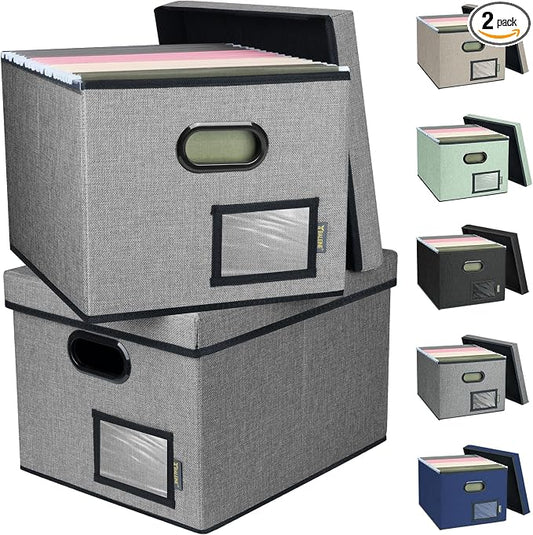 BALEINE File Organizer Box with Lid, Collapsible File Folder Organizer with Plastic Slide, Filing Box for Office Home Document Organizer Storage (Gray, 2PK)