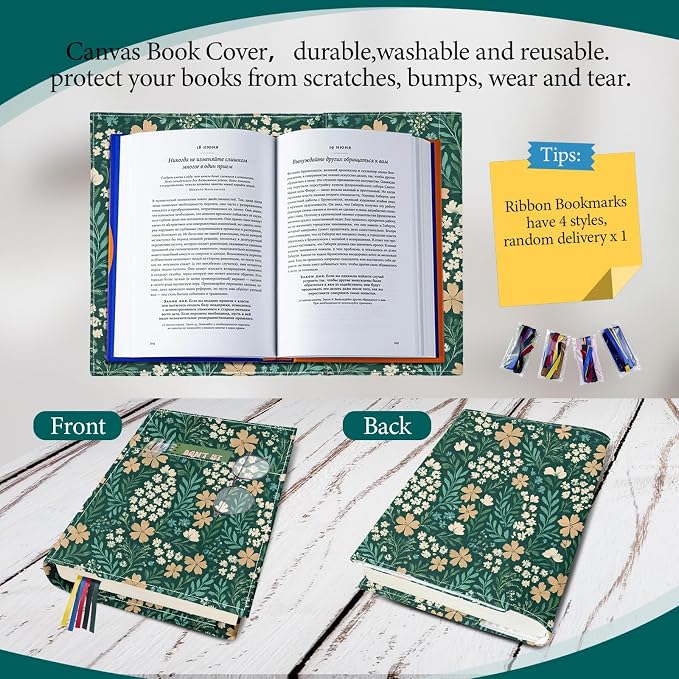 Floral Book Cover Protector for Paperback, Adjustable Soft Canvas Fabric Book Cover with Pocket Bookmark, Double-Sided Flower Printed Book Dust Jacket Covers for Hardcover Book Lovers Gift