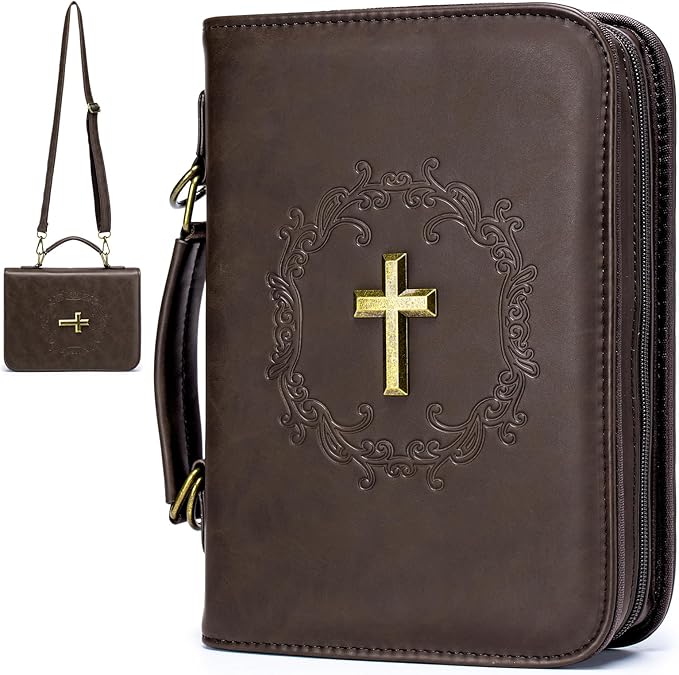 Large Bible Cover Case Church Bag with Detachable Shoulder Strap,Brown PU Leather Bible Bag for Men, Bible Protective Book Holder,Christian Gift for Men Women