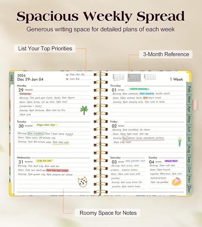 2026 Planner, Hardcover Weekly and Monthly Planner for Women, January 2026 - December 2026, Spiral Yearly Agenda Organizer Book 2026 with Tabs, Daily Calendar Planners for School Work Home, A5 (5.75" x 8.38"), Yellow Floral