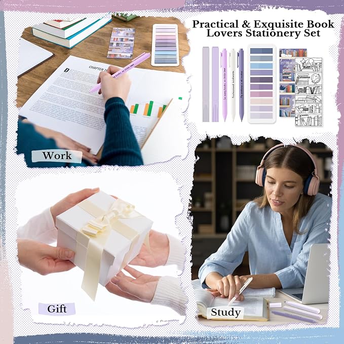 Spakon 7 Pcs Book Lovers Gifts for Readers Bookish Book Annotation Kit Aesthetic Pastel Highlighters No Bleed Gel Pens Reading Tabs Bookmark for Women Library Student Bible(Purple Series)