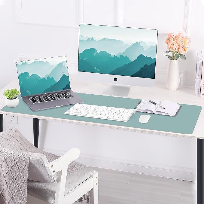 AFIING Leather Desk Pad Protector, 47" x 17" Large Desk Mat with Natural Cork & PU Leather, Mouse Pad, Non-Slip, Waterproof Desk Writing Pad for Office and Home (Light Blue)