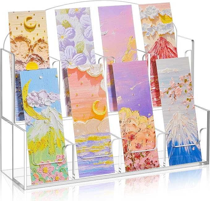 Yuntau Acrylic Bookmark Display, Adjustable 2. 2'' Bookmark Stand, Portable Sticker Holder, Curved Pockets Greeting Card Display for Business Vendor, Retail Store Shop(Integrated,8 Pockets)