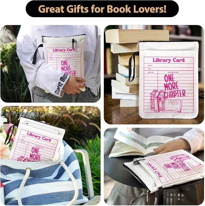 One More Chapter Pink Decor Book Sleeve for Women Teen Girls, Vintage Library Card Book Cover for Librarian Book Lovers Friends with Zipper & Handle, Reading Day Gifts for Book Club Bookworm
