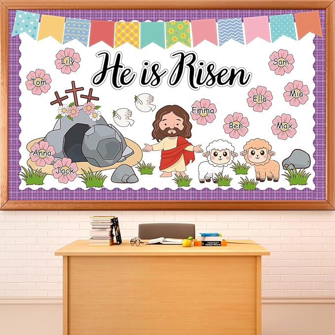 Easter Bulletin Board Set He is Risen Spring Easter Classroom Decorations Christian Jesus Cross Cutouts Flower Name Tags Purple Plaid Bulletin Board Borders for Church Sunday School Wall Door Decor