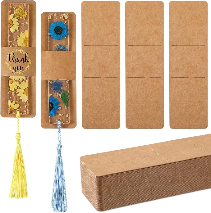 Fumete 50 Pieces Resin Bookmark Holder Bulk 5.9 x 1.8 Inches Kraft Bookmark Sleeves DIY Display Cards for Wrapping Small Business Packaging Supplies Party Favor Gifts(Cute,Brown)