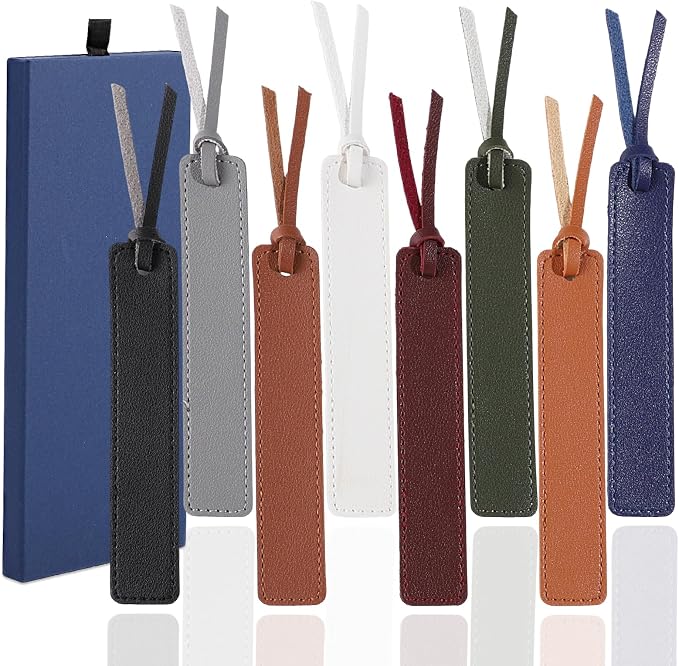 8Pcs Leather Bookmark, Classic Stitched Book Mark with Leather Rope Teacher's Day Gifts for Reading Men Boy School Students