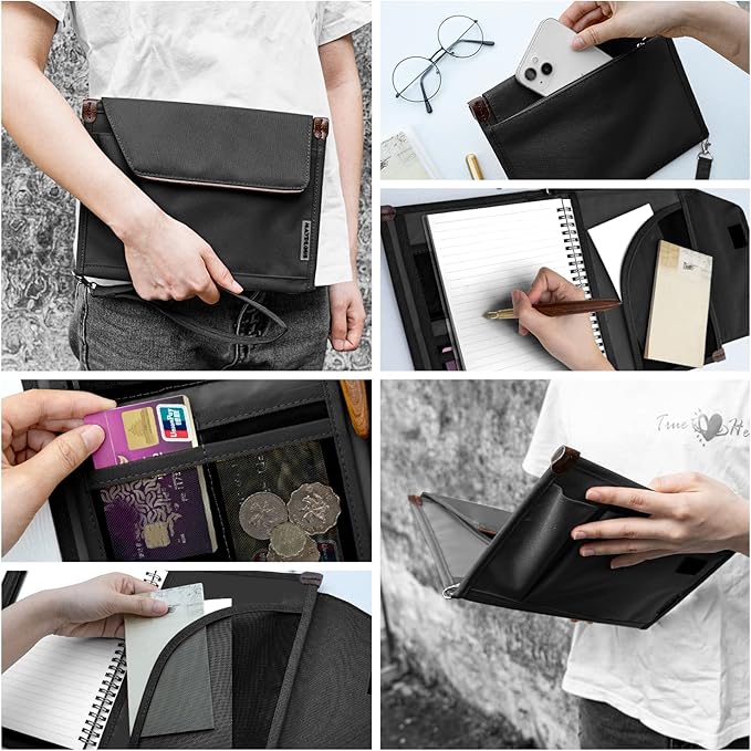 A5 Conference Folder Business Organiser Bag Notepad Carrying Case Document Case A5 Portfolio Organiser Portfolio Binder with Zip (Jet Black)