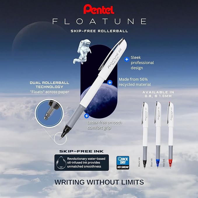 Pentel Floatune Rollerball Pen, (1.0mm), Bold Point, Black/Blue/Red Ink, Pack of 8 (BY110PF8OFC)