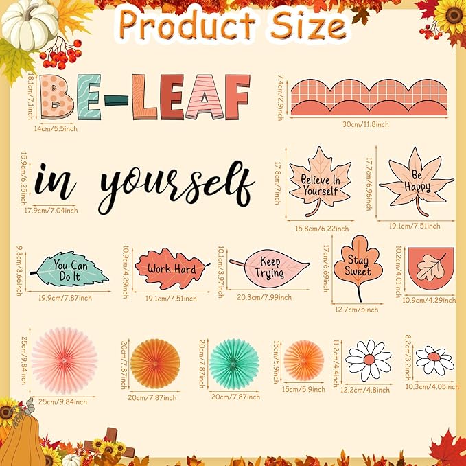 Containlol 77 Pcs Fall Thanksgiving Bulletin Board Decoration Thanksgiving Fall Maple Leaves Bulletin Board Set Be-Leaf in Yourself Boho Classroom Decor with 3D Paper Fans Cutouts for Autumn Decor