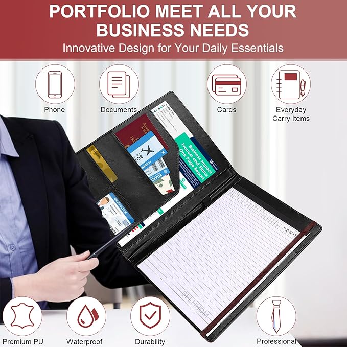 Clipboard Padfolio with Storage Pocket, Clipboard Folder Portfolio Organizer, 360 Degree Foldable Clipboards with Refillable Notepad,Faux Leather Padfolio Organizer for Office School Supplies-Wine Red