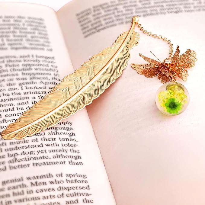 Teacher Retirement Gifts - Metal Feather Bookmark with 3D Butterfly & Real Dried Flower Pendant - Bookmark for Women & Book Lovers Under 10 Dollars - Gift Box Included