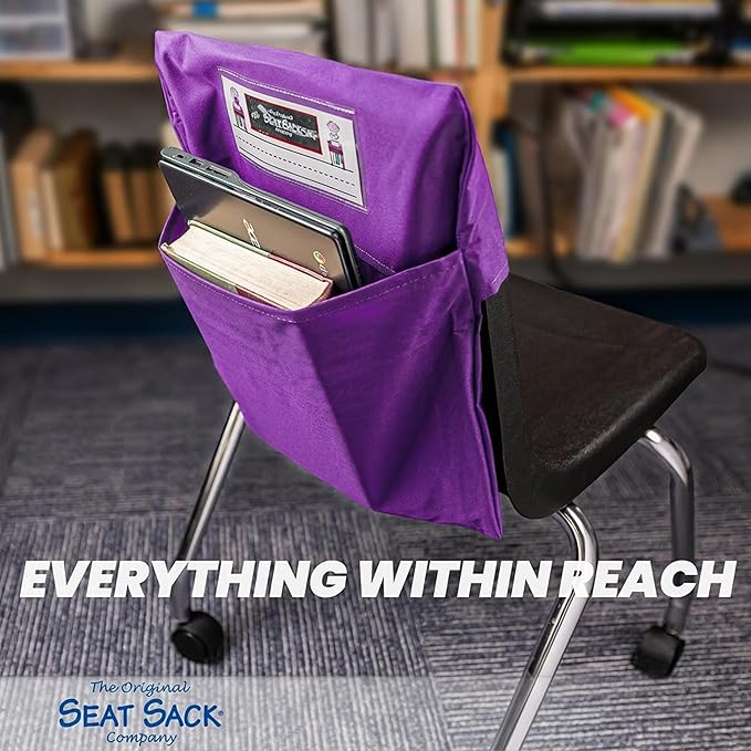 Seat Sack Student Chair Storage Pocket - 17", Single Pocket, Classroom Chair Organizer for Student Desks, Durable Over-the-Chair Storage, Purple, 1-Pack