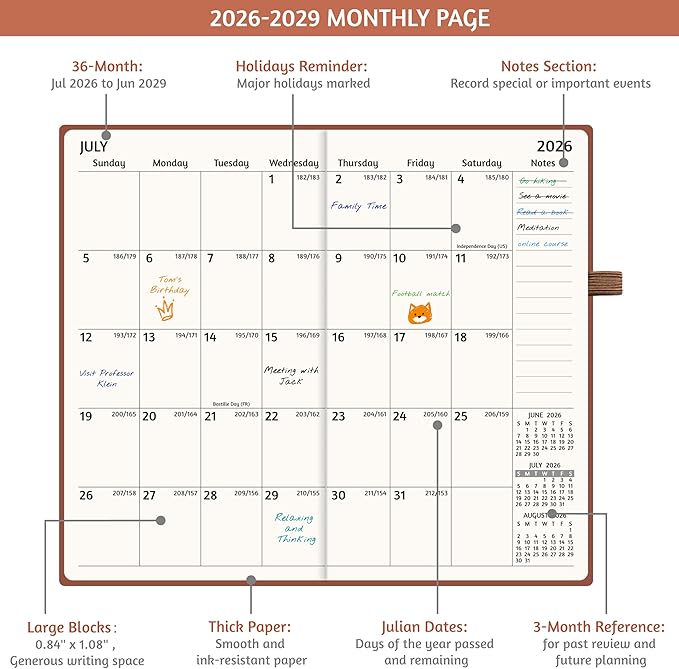 2026-2029 Pocket Monthly Planner, 3 Year Calendar 2026-2029, 6.2’’ x 3.6’’ x 0.67’’, Small Calendar 2026, 36 Months from Jul 2026 - Jun 2029, Hardcover, Back Pocket, Thick Paper, Lightweight to carry
