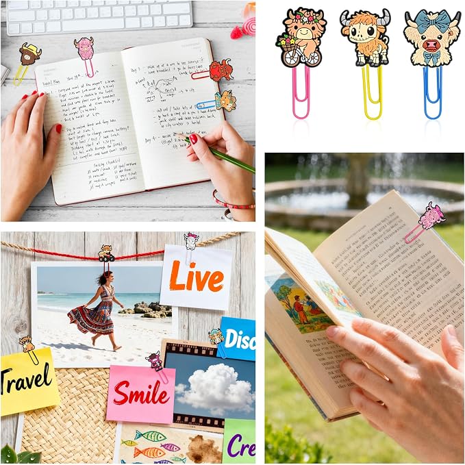 Cute Paper Clips, 50Pcs Highland Cow Bookmark Paperclips Bulk Metal Fun Cute Cow Planner Clip Charms Clamp Desk Accessories Stationery Colorful Office Supplies Gifts for Student Teacher Party Decor