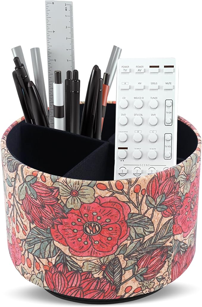 Round Leather Art Supply Organizer,Remote Control Holder,360 Degree Spinning,Multi-Functional Pencil Holder,4 Compartments Desktop Stationary Organizer(1-Red Rose)
