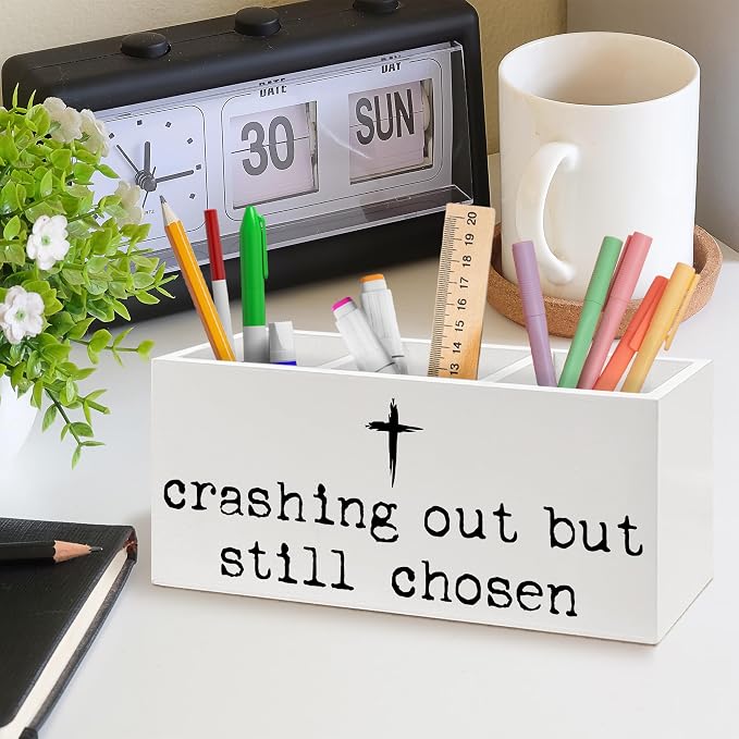Christian Cross Pen Holder, Christian Gifts for Women Men Office Pen Pencil Holder Organizer for Desk Accessories, Bible Verse Religious Wooden Box Desk Decor for Home Office Desk Decorations