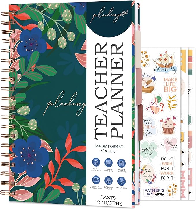 PLANBERRY Teacher Planner – Undated School Year Plan Book for Teachers with Calendars & Lesson Plans – Planner for Classroom Organization & Homeschool – 8”x10.5” Hardcover (Vivid Flora)