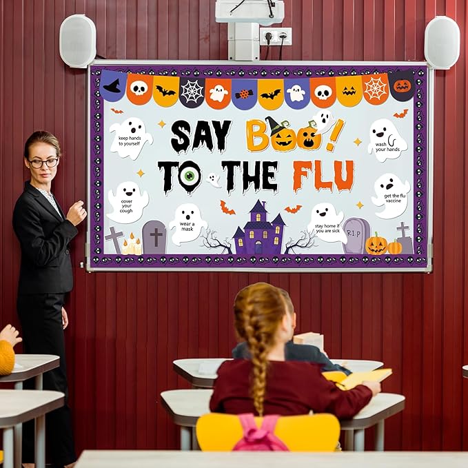 Halloween Ghost Bulletin Board Halloween Healthy Classroom Decorations Set Flu Awareness Theme Cutouts Ghost Pumpkin Paper Cutout for Office School Publicity Chalkboard Wall Decor
