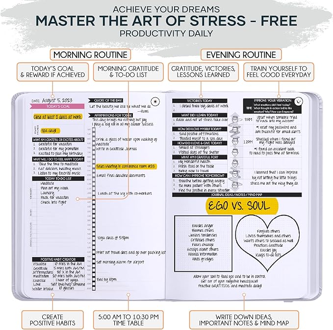 Freedom Mastery - Adhd Daily Planner, Self Care Personal Gratitude Journal to Increase Productivity & Success in Life, Include Foldable Vision Board - White Sun