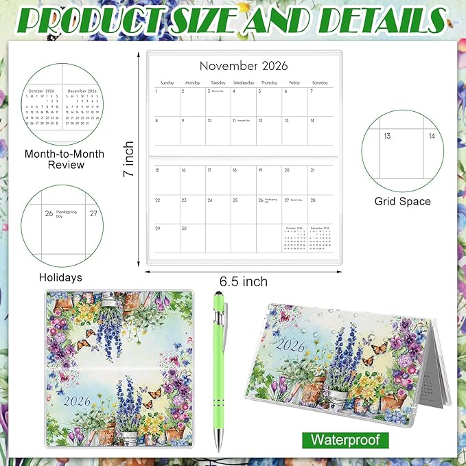 Gueevin 2026 Pocket Calendar for Purse with Pen Small Pocket Planner Handy Weekly Monthly Planner Journal Writing Notebook Valentine New Year Gift Sister Friend Women(Garden,Light Green)