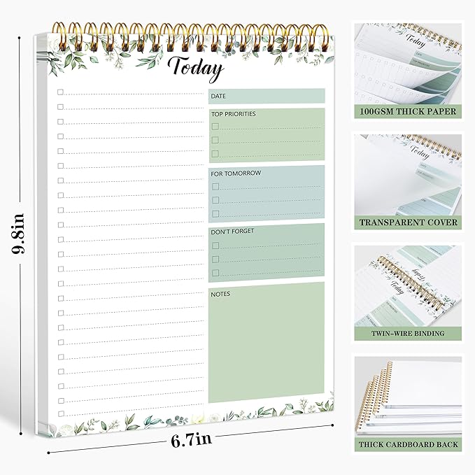 To Do List Notepad - Daily Planner Notepad 104 Pages Task Planner, 6.7" x 9.8" Double Sided Spiral Notebook with Checklist Productivity Planning Pad for Work Office Home-Green