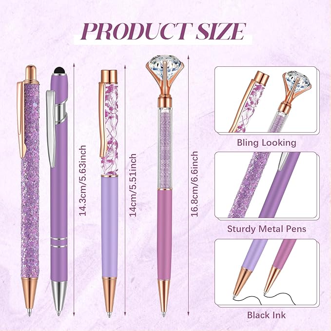 Sabary 8 Pcs Violet Pens with Pen Holder for Desk Glitter Crystal Diamond Cute Ballpoint Fancy Pencil Holder Bling Desk Organizer for Women Girls School Office Supplies Wedding Graduation Gifts