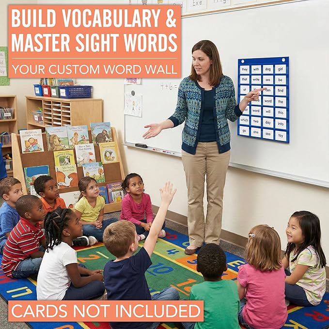 Magnetic Pocket Chart for Classroom - Small 7 Pocket Chart for Word Wall Sentence Strips Daily Schedule Sticker Display, Blue Teacher Supplies for Preschool Elementary & Home