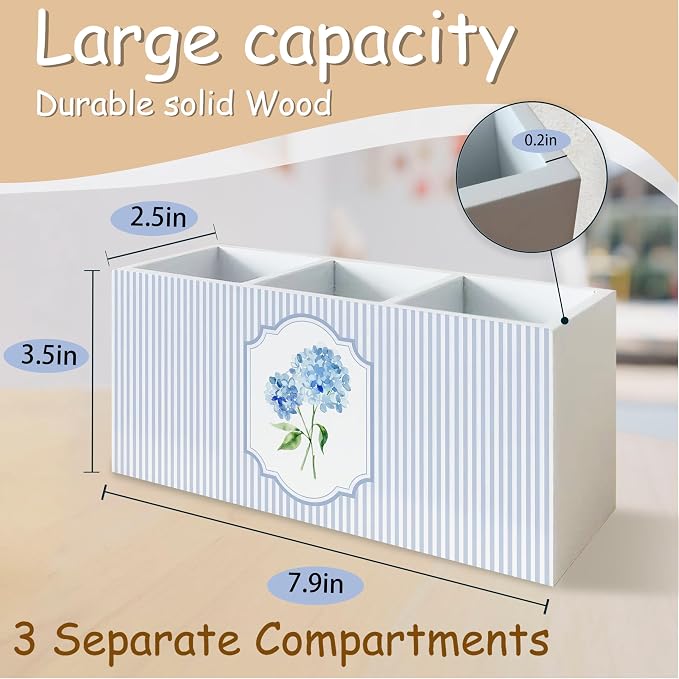 Blue Hydrangea Pen Pencil Holder Organizer for Desk, Blue and White Striped Floral Cottagecore Wooden Box Block Sign for Home Office Tabletop Decor