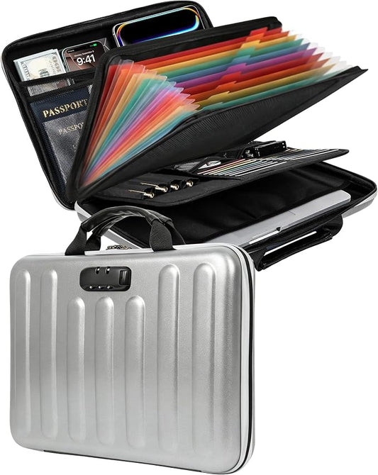 DOZAWA Fireproof Document Box, Hard Case Document Organizer with Lock, 13 Pockets Accordion File Folder with Reflective Strip, Waterproof Safe Box for Important Documents & Valuables Storage, Silver