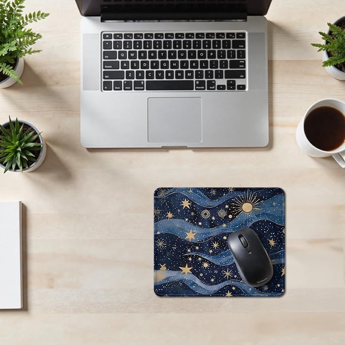 Fantasy Starry Night Sky Mouse Pad, Celestial Sun Star Galaxy Gifts for Women, Blue and Gold Galaxy Mouse Pad for Home Office Computer Gaming Desk Essentials, 9.5x7.9 Inch