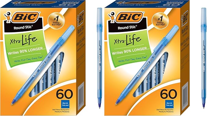 BIC Round Stic Xtra Life Ballpoint Pen with 1.0 mm Medium Point and Consistent Ink Flow in Blue Ink, 60 Count (Pack of 2)