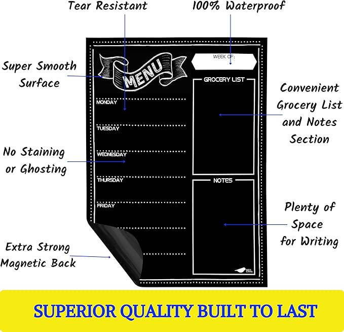 Magnetic Menu Board for Kitchen - 16x12” Black Chalkboard Calendar - Dry Erase Weekly Meal Planner for Fridge & Grocery List - With Vibrant Neon Chalk Markers - Easy to Use and Wipe Clean Magnet Board
