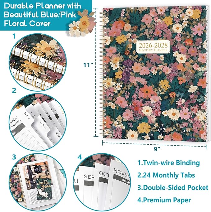 Monthly Planner 2026-2028 - 2 Year Monthly Planner/Calendar 2026-2028, July 2026 - June 2028, 9" x 11", 24 Monthly Tabs, Double-Sided Pocket, Twin-wire Binding, Holidays, Inspirational Quotes