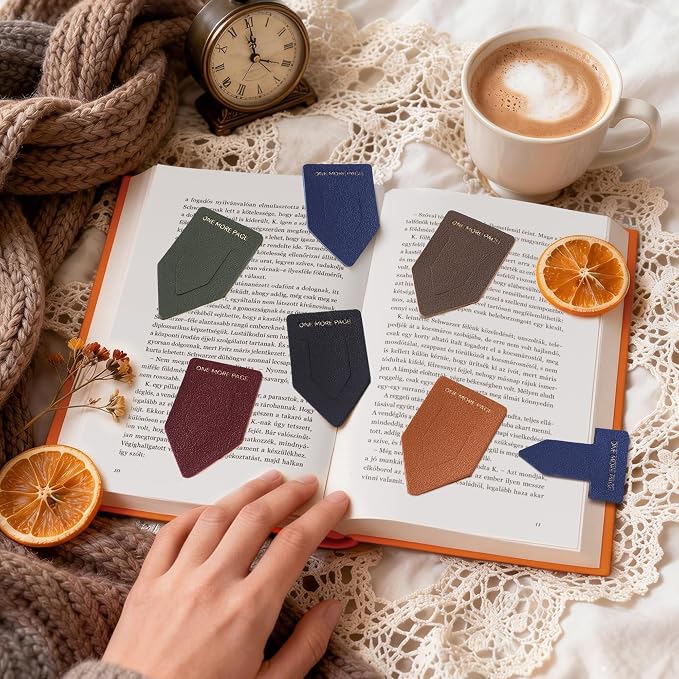 Leather Bookmark for Reading Women, ONE More Page Syndrome Bookmarks, Index Book Marks for Book Lovers, 6 Pcs Drak Color Set