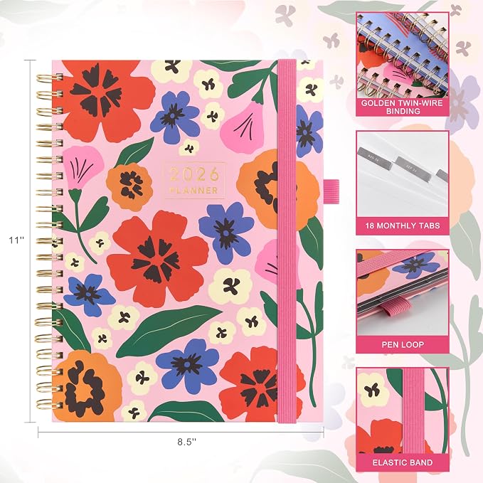 And Per Se 2026 Planner, A4 Size-Daily, Weekly & 18-Monthly Planner, Daily Schedule, Monthly Tabs, 100 GSM Thick Paper(Elegant Florals)