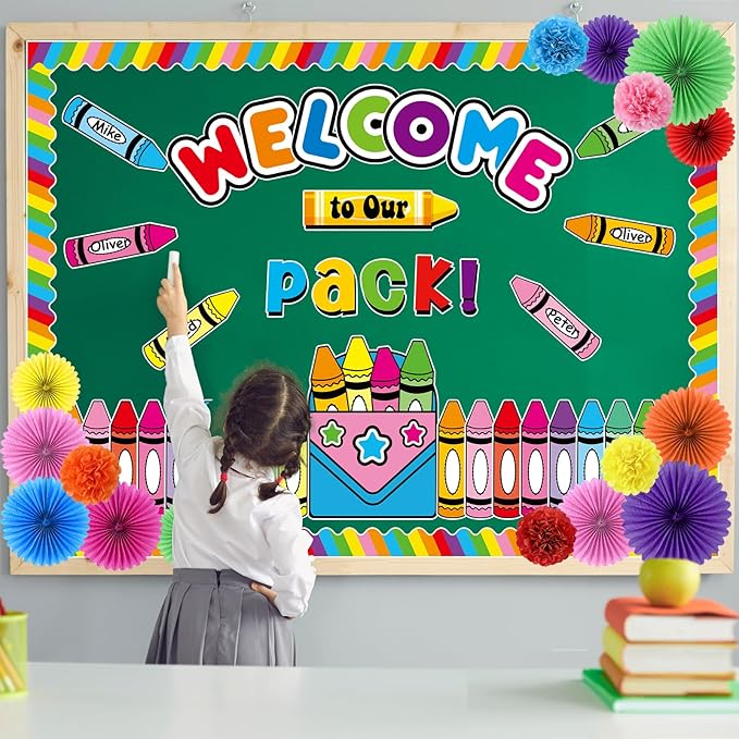 Justforjoyful Welcome to Our Pack Bulletin Board Decorations with 3D Tissue Paper Flowers Paper Fan Back to School Crayon Classroom Bulletin Board Border Set Colorful Crayon Name Tags School Supplies