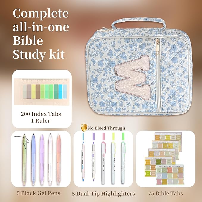 Personalized Initial Bible Cover Case for Women – Large Quilted Bible Bag with Handle, Chenille Letter, Bible Study Kit, Christian Gift for Mom, Grandma & Daughter (Blue Floral-W)