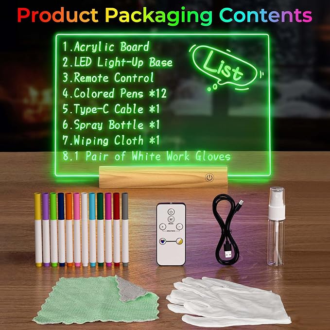 Rechargeable 11.8”×7.9” Glow Doodle LED Note Board with Colors,2 Modes&7 Colors with Remote Control,LED Drawing Board for Office/Café/Home Decor&Message,Birthday/Holiday Gifts,Wood Grain