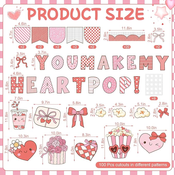Mooliwe 100 Pcs Valentine's Day Bulletin Board Decorations Set You Make My Heart Pop Valentines Classroom Decorations Popcorn Heart Cutouts February Bulletin Board for Party Home School Wall Decor