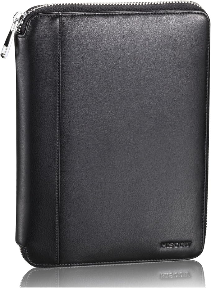 Leather Junior Padfolio for Men & Women with Pen Loop, Italian Calfskin, Business Portfolio Notebook Folder (Zippered Black)