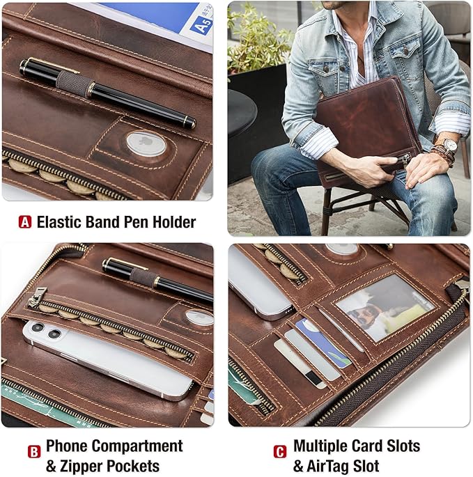 Top Grain Leather 12.9" Strap Large Portfolio, Handmade Retro Design, Large Capacity Multi-Functional Business Zip Padfolio, Holder for Cards/Tablet/Phone/AirTag/A4 Doc, Red Coffee 12.9 Inch