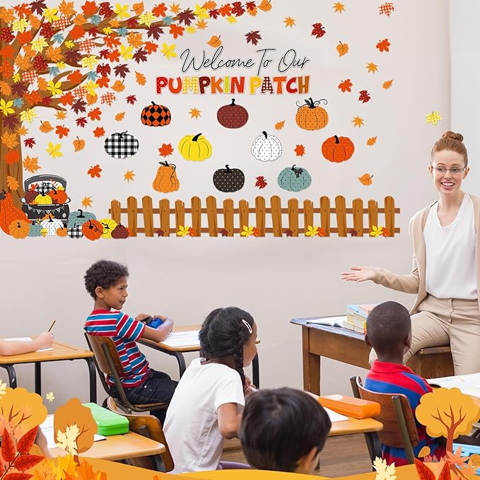 Pasimy Fall Bulletin Board Decorations Set Pumpkin Classroom Door Decor Autumn Maple Cutouts DIY Pumpkin Photo Crafts Thanksgiving Bulletin Board for Halloween Home Office Wall Supplies(Vintage)