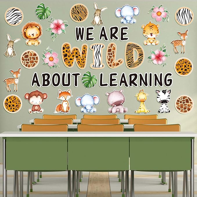 JarThenaAMCS We are Wild About Learning Bulletin Board Set Wild Safari Animals Paper Cutouts with 100Pcs Glue Points Woodland Theme Cut-Outs Decor for Back to School Kindergarten Jungle Party, 56Pcs