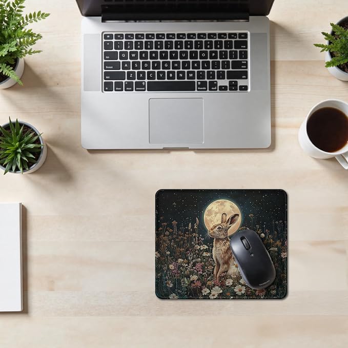 Vintage Floral Easter Bunny Full Moon Mouse Pad, Mystical Dark Cottagecore Wildflower Botanical Hare Mouse Pad for Home Office Computer Gaming Desk Accessories, 9.5x7.9 Inch
