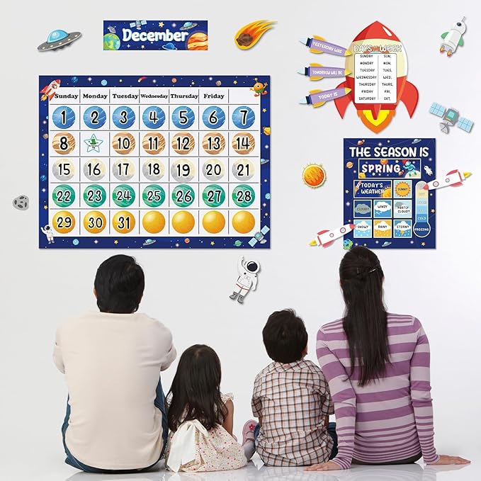 Space Calendar Bulletin Board Set for Classroom Decoration Outer Space Calendar Seasons Weather Chart Rocket Astronaut CTP Bulletin Board Paper-Cuts for Teachers Elementary School Classroom