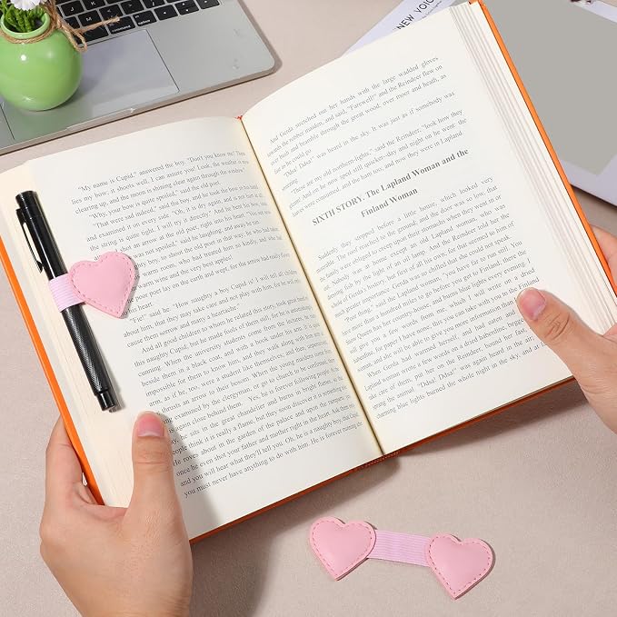 2PCS Magnetic Leather Bookmarks with Pen Clip Heart-Shaped Magnetic Pen Holder Cute Gift for Book Lover Readers Book Accessories for Women Girls Notebooks Journals Calendars Standard (Pink)